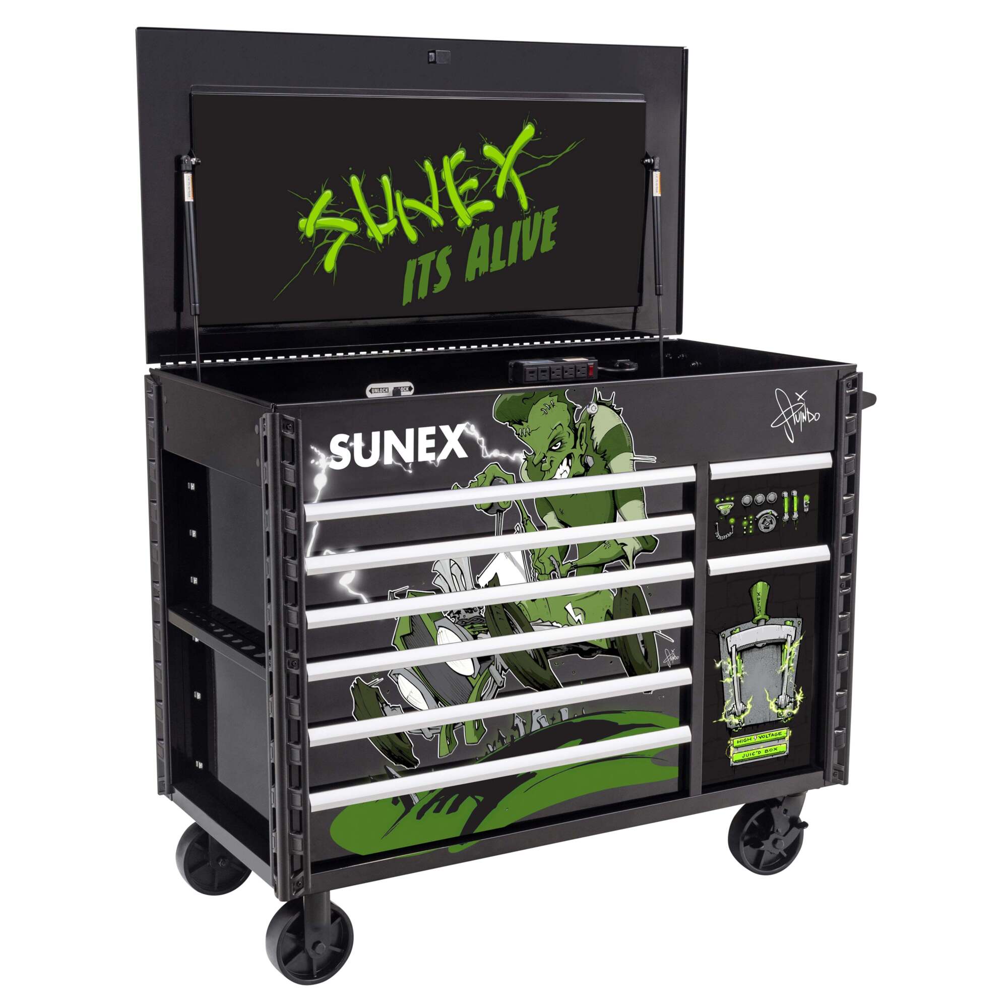 Sunex Tools Juic'd Box 7-Drawer Powered Cart — 50in., Dual Power Strips, Heavy-Duty Casters, Black, Model# 8065PCBKALIVE